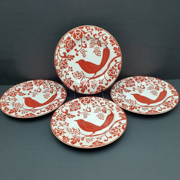 Pier 1 Red Bird Salad Plates White Dessert Plates with Red Flowers & Bird - Picture 2 of 5
